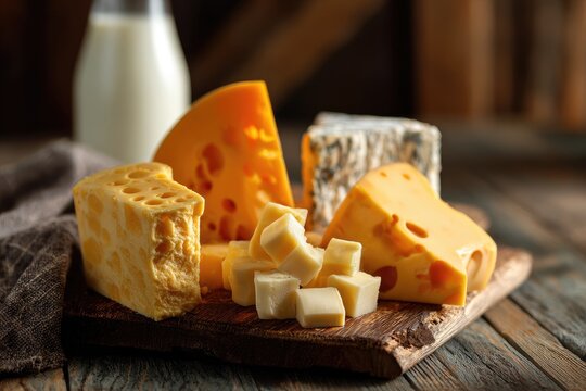 Assorted cheeses and milk on rustic wood