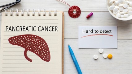 Flat Lay of Pancreatic Cancer Illustration with Medical Supplies