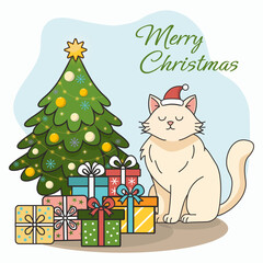 Cute holiday postcard with decorated Christmas tree, gifts, beige cat wearing  Santa hat. Festive, cheerful winter vector illustration. For email greetings, posters, social posts, holiday marketing.