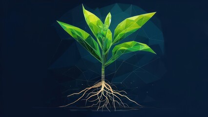 Low-poly stylized seedling with roots,  glowing, dark background