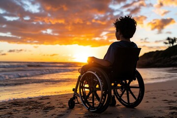 A person with muscular dystrophy enjoying a sunset on a beach, peaceful atmosphere, golden light