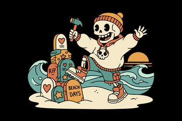 Fototapeta premium Skeleton character on a beach with gravestones and waves.