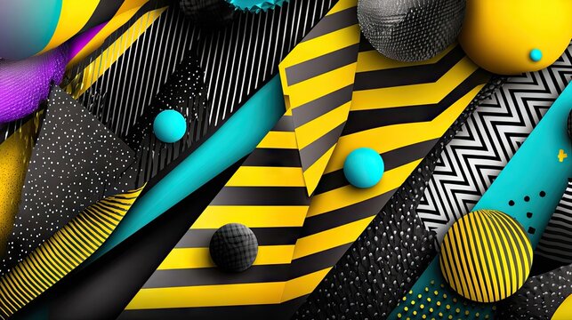 A dynamic composition of abstract geometric shapes featuring bold patterns like stripes and zigzags, rendered in vibrant colors such as yellow, teal, and purple - Powered by Adobe