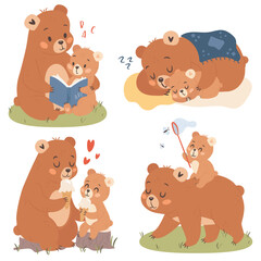 Set of four cute cartoon illustrations of mama bear with kid