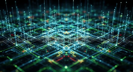 Abstract digital network grid with glowing blue and green lights, representing data flow and connectivity in a futuristic technological concept.