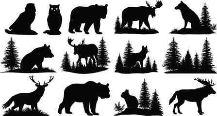 Collection of black silhouettes of forest animals and trees on a white background