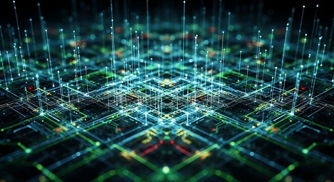 Abstract digital network grid with glowing blue and green lights, representing data flow and connectivity in a futuristic technological concept.