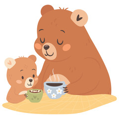 Cute cartoon tea time mama bear with kid illustration for Mothers day