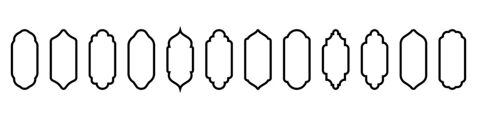 Set of black frames Islamic, arab line arch border tags vector icons Vector window, door collection. Domes of the mosque of Ramadan Kareem and Eid Mubarak. Oriental style. Copy space. Eastern culture.