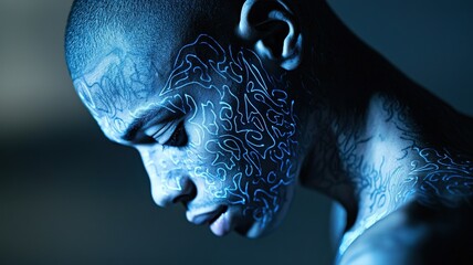 A person with vitiligo covered in animated tattoos that change based on their emotions, bioluminescent ink, mesmerizing details