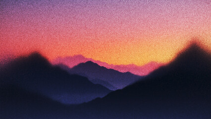 Sunset glowing over quiet mountain valley with film grain texture created from thousands of individual dots and adds depth and warmth. Layered mountains forming dreamy landscape. Vector illustration © 3d_kot
