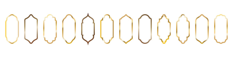 Set of golden gradient Islamic, arab line arch, frame vector icons. Gold Vector window, door icons collection. Domes of the mosque of Ramadan Kareem and Eid Mubarak. Oriental style. Copy space.
