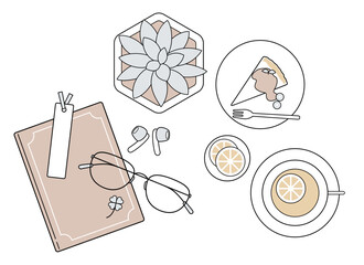 読書とティータイムの俯瞰レイアウト｜コーヒー・ブック・リラックス