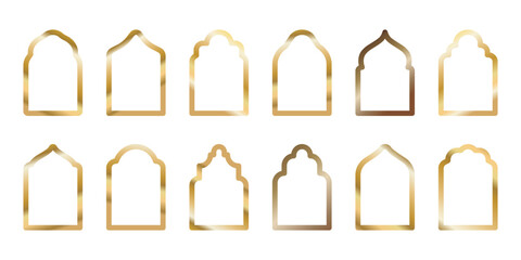 Set of golden gradient Islamic, arab line arch, frame border tags vector icons. Gold Vector window, door collection. Domes of the mosque of Ramadan Kareem and Eid Mubarak. Oriental style. Copy space.