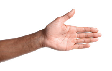 African-american man offering handshake on white background, closeup