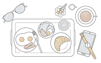 モーニングプレートとガジェットの俯瞰レイアウト｜朝活・カフェ・仕事準備イメージ