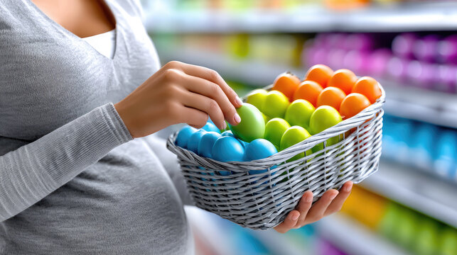 mother placing brightly colored eggs in basket, Easter holiday concept, family tradition, spring celebration, festive decoration, seasonal shopping, copy space - Powered by Adobe