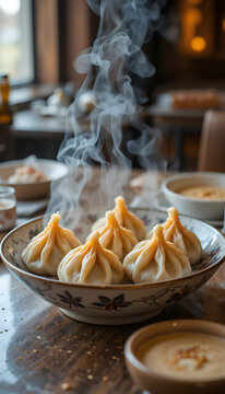 Freshly made hot momos in a white bowl placed on the table in a restaurant.