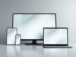 Responsive digital device mockup featuring desktop monitor, laptop, tablet, and smartphone displays on a reflective surface