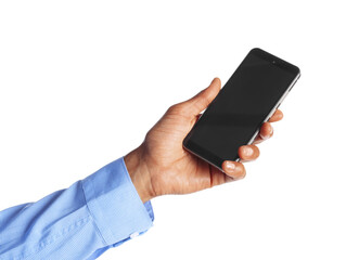 African-american man with smartphone on white background, closeup