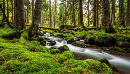 Obraz premium Tranquil Forest Stream - Mossy Banks and Flowing Water.