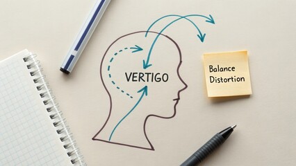 Head outline illustration with arrows depicting vertigo effect