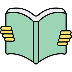 Open Book With Yellow Hands Holding Pages In A Clean Mint Green Color And Simple Graphic Style On A Transparent Background With Black Outline Perfect For Education And Reading Concepts