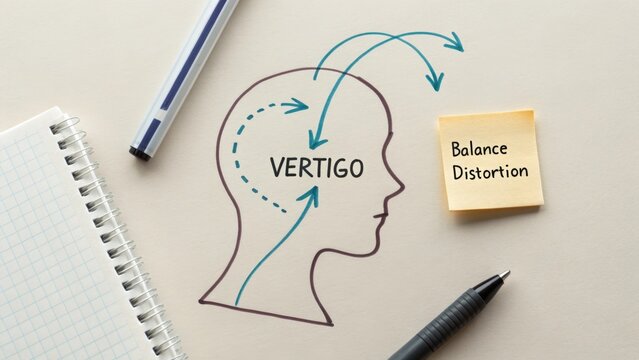 Head outline illustration with arrows depicting vertigo effect - Powered by Adobe