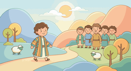 Joseph Visiting His Brothers
Bible story
Joseph wearing a simplified colorful coat walking toward his brothers in a bright, kid-friendly flat vector landscape, rounded hills, smiling cartoon faces