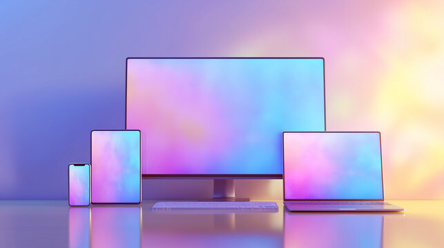 Mockup of responsive tech devices: Monitor, laptop, tablet, and smartphone with colorful screens
