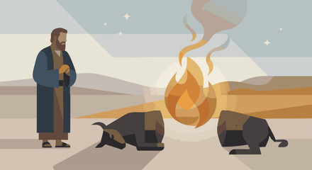 Fototapeta premium God’s Presence Passing Through Bible story A glowing flat-vector flame or smoking firepot moving between the pieces, abstract divine presence rendered as smooth glowing shapes,
