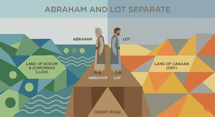 Abraham and Lot Separate Bible story Abraham and Lot standing on a desert ridge looking over two stylized lands—one lush, one dry—shown with simple geometric terrain shape © WealthyMinion