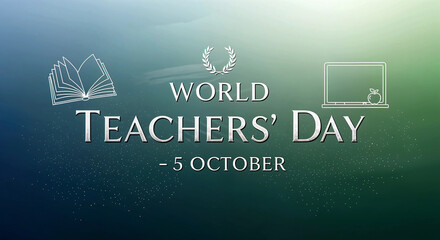 World Teachers' Day: Honoring Educators with Laurel Wreath, Book, and Laptop Icons on a Calm Blue-Green Background – October 5