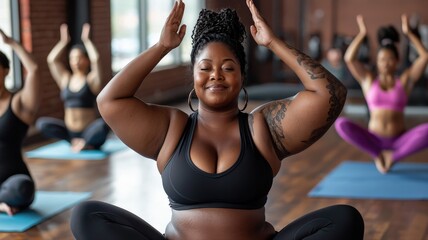 A plus-size Black woman leading a yoga class, empowering energy, studio setting