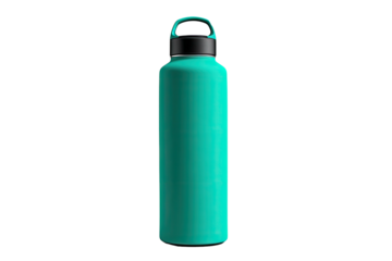 Teal water bottle stands out against a stark black background