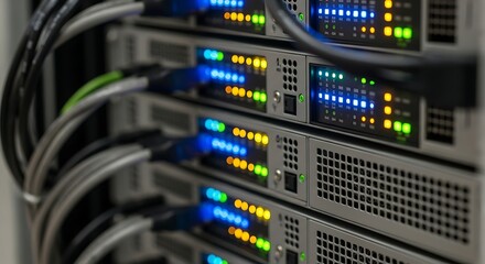 Close-up view of a server rack with multiple blinking lights and network cables connected.