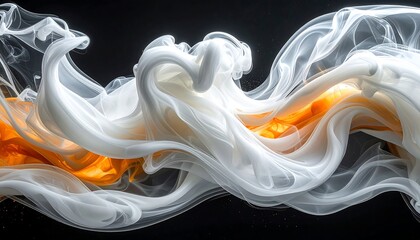 Abstract, swirling, white smoke with an underlay of vibrant orange against a dark background