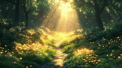 Obraz premium Sunlight streams through a forest path, illuminating a field of flowers in a serene setting