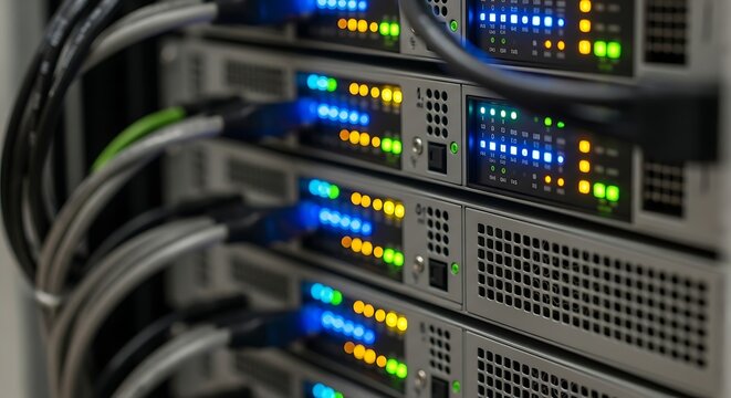 Close-up view of a server rack with multiple blinking lights and network cables connected.