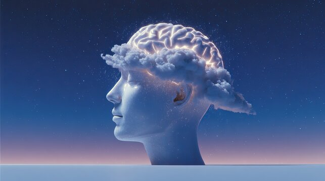 Unlock your potential with brilliant ideas, a shining brain representing creative thoughts and mental clarity under a starlit sky of imagination