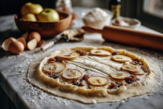 Apple tart in progress, ingredients nearby