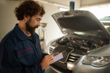 A mechanic stands in a well-lit auto repair shop, looking at a tablet while analyzing a car's engine with its hood raised. The scene captures hands-on vehicle maintenance.