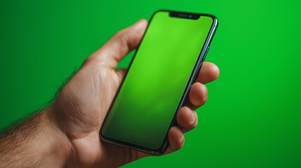 Close-up of a Hand Holding a Modern Smartphone with a Bright Green Screen for Chroma Key Editing