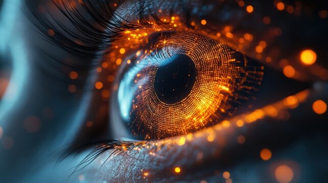 Close-up of a human eye with glowing orange circuits, suggesting technology, vision, and AI - Powered by Adobe