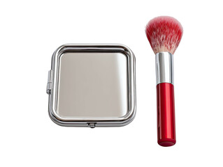 Compact mirror with brush; square silver case, red handle