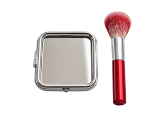 Compact mirror with brush; square silver case, red handle