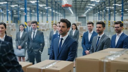 Professionals in formal attire attentively listening to a speaker in a warehouse environment with stacked boxes - Powered by Adobe