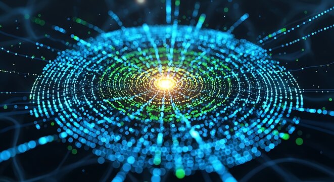 Abstract visualization of a digital fingerprint with glowing concentric circles and radiating light particles, representing data and technology.
