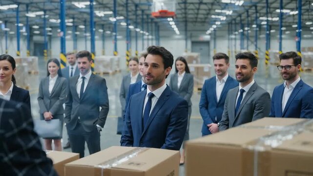 Professionals in formal attire attentively listening to a speaker in a warehouse environment with stacked boxes