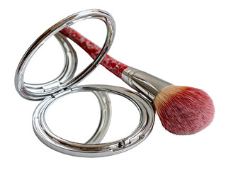 Open silver makeup compact with a pink brush, beauty accessories